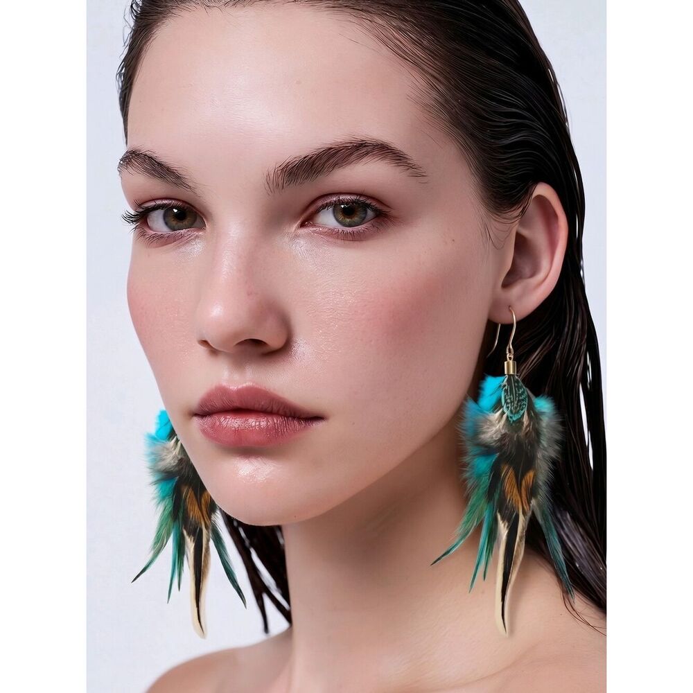 Blue Boho Feather Threader Earrings Tribal Mismatched Long Statement Dangles